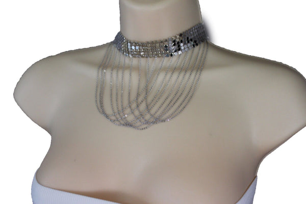 Women Silver Mesh Metal Wide Choker Short Necklace Fashion Jewelry Multi Chains Drape