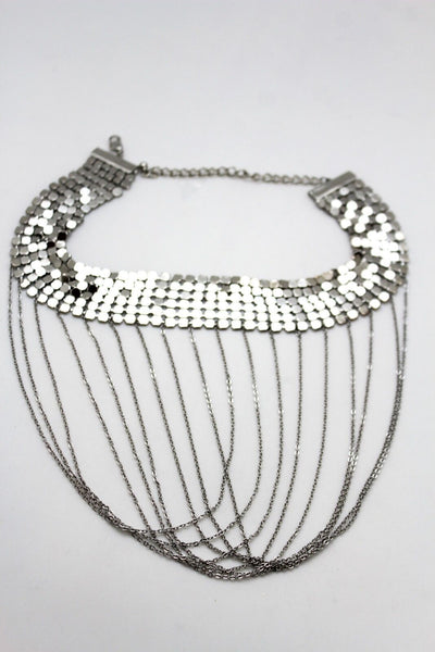 Women Silver Mesh Metal Wide Choker Short Necklace Fashion Jewelry Multi Chains Drape