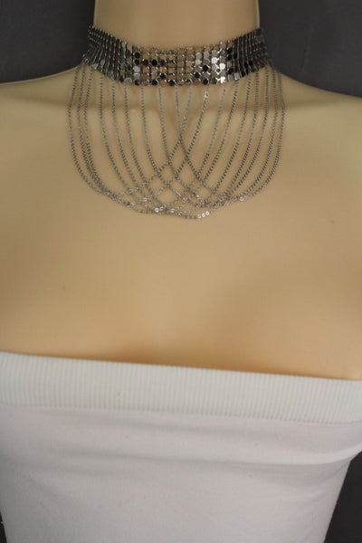 Women Silver Mesh Metal Wide Choker Short Necklace Fashion Jewelry Multi Chains Drape