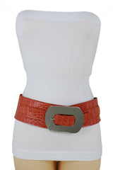 New Hot Women Orange Wide Elastic Belt High Waist Hip Silver Metal Oval Buckle XS S