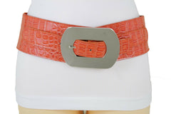 New Hot Women Orange Wide Elastic Belt High Waist Hip Silver Metal Oval Buckle XS S