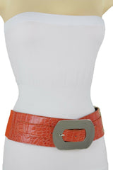 New Hot Women Orange Wide Elastic Belt High Waist Hip Silver Metal Oval Buckle XS S