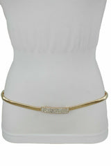 Women Skinny Gold Color Stretch Metal Waistband Fashion Belt Bling Buckle S M L