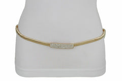 Women Skinny Gold Color Stretch Metal Waistband Fashion Belt Bling Buckle S M L