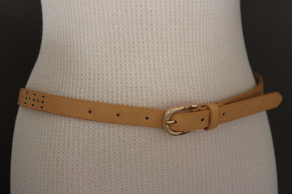Women Black Peach Beige Faux Leather Bronze Belt Narrow Studs Gold Buckle New Fashion S M