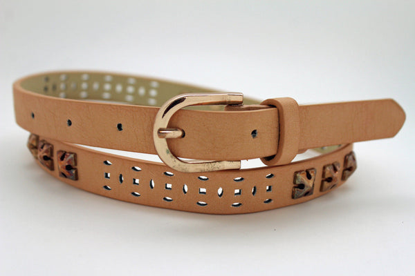 Women Black Peach Beige Faux Leather Bronze Belt Narrow Studs Gold Buckle New Fashion S M