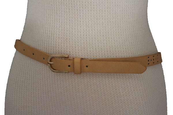 Women Black Peach Beige Faux Leather Bronze Belt Narrow Studs Gold Buckle New Fashion S M