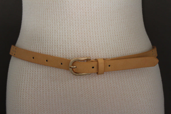 Women Black Peach Beige Faux Leather Bronze Belt Narrow Studs Gold Buckle New Fashion S M