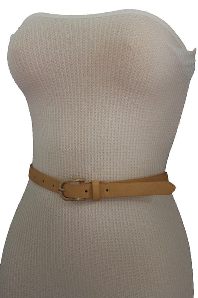 Women Black Peach Beige Faux Leather Bronze Belt Narrow Studs Gold Buckle New Fashion S M