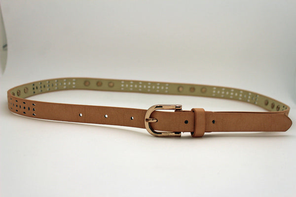 Women Black Peach Beige Faux Leather Bronze Belt Narrow Studs Gold Buckle New Fashion S M