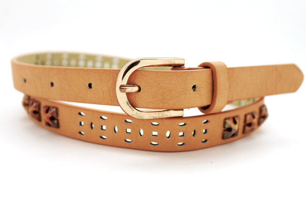 Women Black Peach Beige Faux Leather Bronze Belt Narrow Studs Gold Buckle New Fashion S M