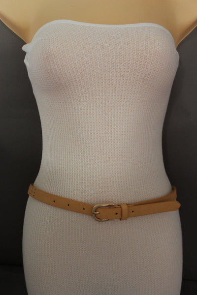 Women Black Peach Beige Faux Leather Bronze Belt Narrow Studs Gold Buckle New Fashion S M
