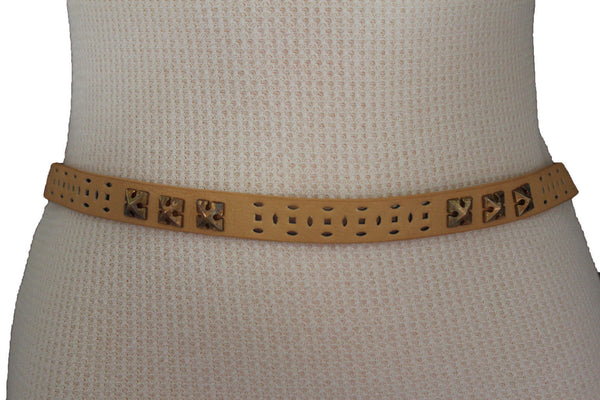 Women Black Peach Beige Faux Leather Bronze Belt Narrow Studs Gold Buckle New Fashion S M