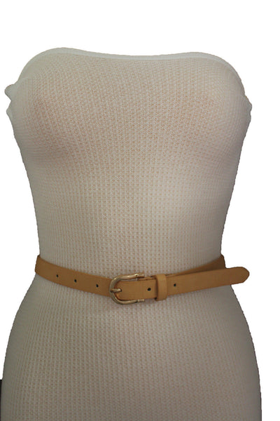 Women Black Peach Beige Faux Leather Bronze Belt Narrow Studs Gold Buckle New Fashion S M