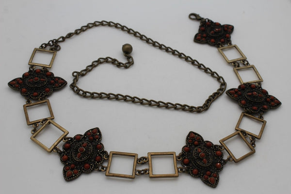 Women Belt Antique Gold Hip Waist Multi Squares Brown Flower Charm Ethnic Style Fashion S M L