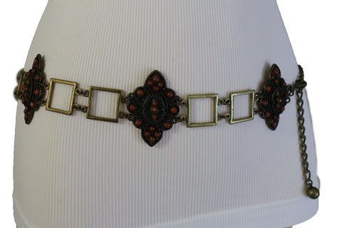 Women Belt Antique Gold Hip Waist Multi Squares Brown Flower Charm Ethnic Style Fashion S M L