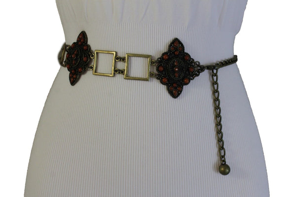 Women Belt Antique Gold Hip Waist Multi Squares Brown Flower Charm Ethnic Style Fashion S M L