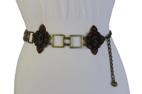 Women Belt Antique Gold Hip Waist Multi Squares Brown Flower Charm Ethnic Style Fashion S M L