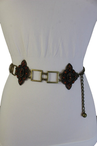 Women Belt Antique Gold Hip Waist Multi Squares Brown Flower Charm Ethnic Style Fashion S M L