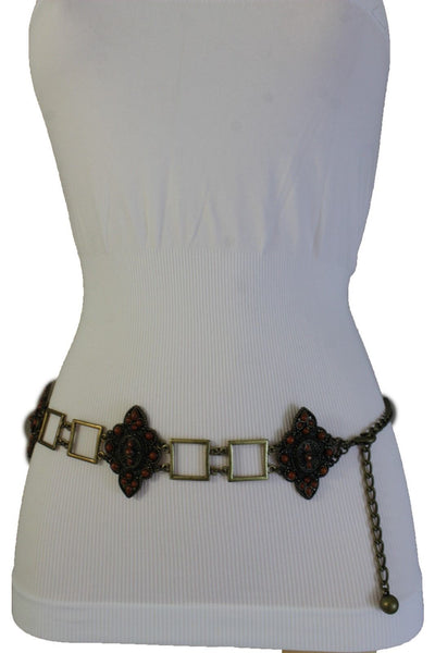 Women Belt Antique Gold Hip Waist Multi Squares Brown Flower Charm Ethnic Style Fashion S M L