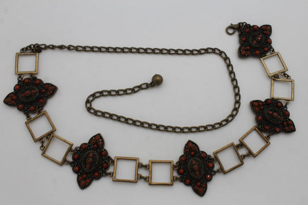 Women Belt Antique Gold Hip Waist Multi Squares Brown Flower Charm Ethnic Style Fashion S M L