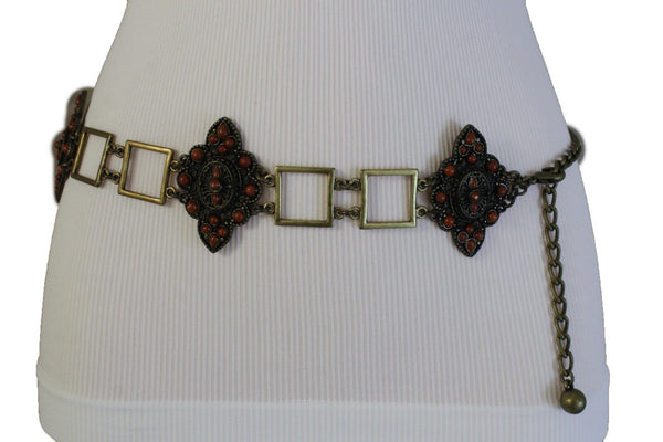 Women Belt Antique Gold Hip Waist Multi Squares Brown Flower Charm Ethnic Style Fashion S M L