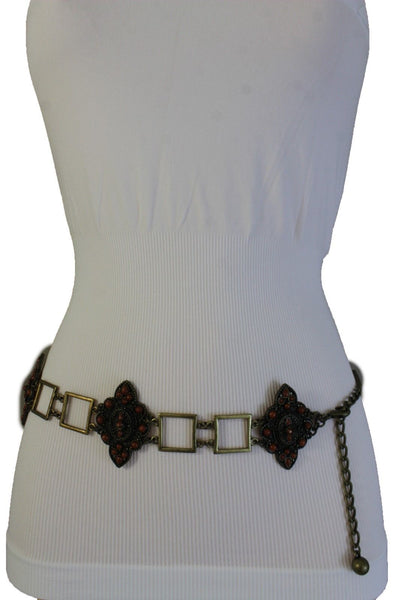 Women Belt Antique Gold Hip Waist Multi Squares Brown Flower Charm Ethnic Style Fashion S M L