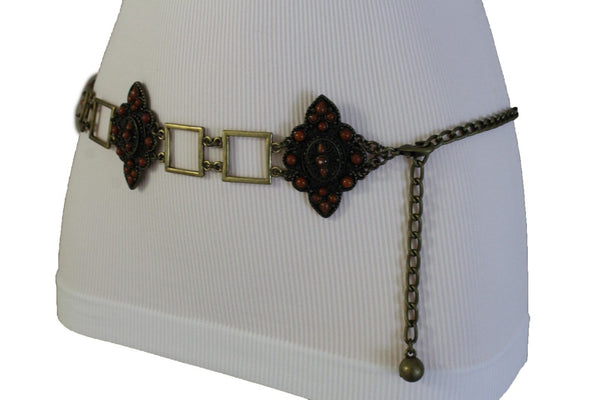 Women Belt Antique Gold Hip Waist Multi Squares Brown Flower Charm Ethnic Style Fashion S M L