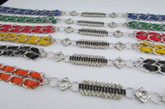Silver Metal Chains Black Blue Red Orange Yellow Green Shiny Fabric + Rhinestones Hip High Waist Thin Belt New Women Fashion Accessories S - XL - alwaystyle4you - 2