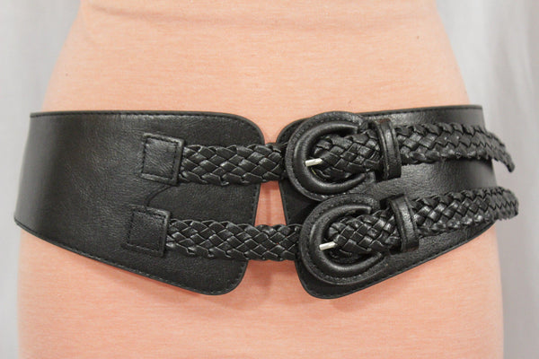 Black Faux Leather Stretch Back Hip High Waist Band Belt Double Buckles New Women Fashion Accessories Size S M L - alwaystyle4you - 11