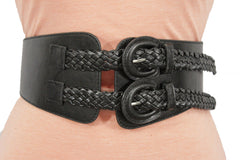 Black Faux Leather Stretch Back Hip High Waist Band Belt Double Buckles New Women Fashion Accessories Size S M L - alwaystyle4you - 3