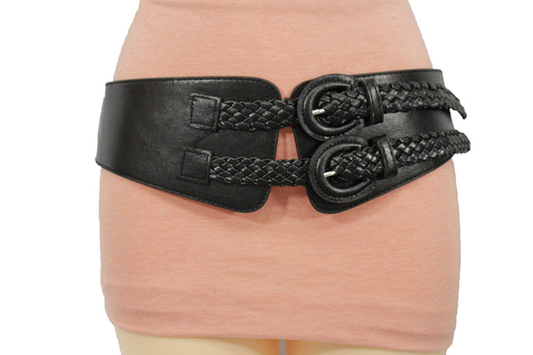 Black Faux Leather Stretch Back Band Belt Double Buckles Women Fashion Accessories Size S M L