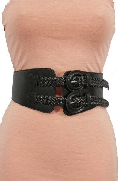 Black Faux Leather Stretch Back Hip High Waist Band Belt Double Buckles New Women Fashion Accessories Size S M L - alwaystyle4you - 8