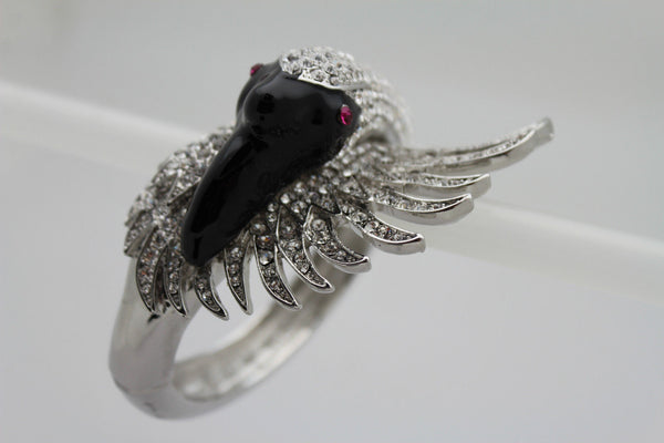 Silver Metal Cuff Bracelet Big Black Swan Duck Rhinestones New Women Fashion Jewelry Accessories - alwaystyle4you - 11