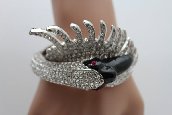 Silver Metal Cuff Bracelet Big Black Swan Duck Rhinestones New Women Fashion Jewelry Accessories