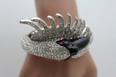 Silver Metal Cuff Bracelet Big Black Swan Duck Rhinestones Women Fashion Jewelry Accessories - alwaystyle4you - 1