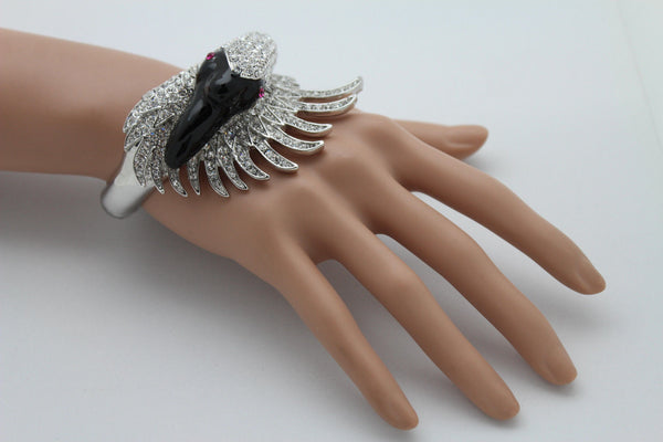 Silver Metal Cuff Bracelet Big Black Swan Duck Rhinestones New Women Fashion Jewelry Accessories - alwaystyle4you - 12