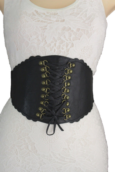 White / Black Elastic Faux Leather Wide Corset High Waist Belt Slimming Front Tie Gold New Women Fashion Accessories S M - alwaystyle4you - 6