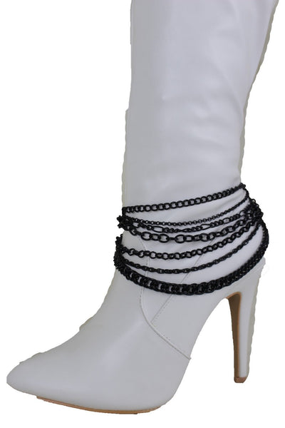New Women Black Boot Chain Links Shoe Charm Multi Strands Waves Strap Western Style