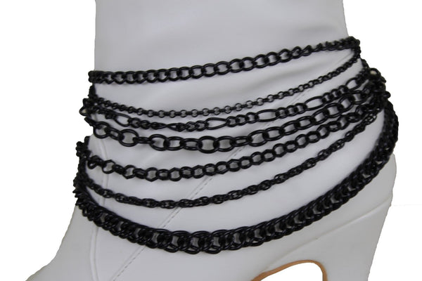 New Women Black Boot Chain Links Shoe Charm Multi Strands Waves Strap Western Style