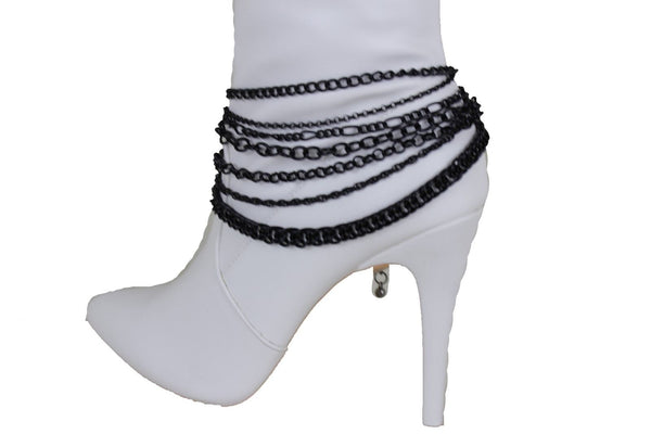 New Women Black Boot Chain Links Shoe Charm Multi Strands Waves Strap Western Style
