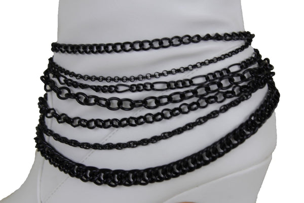New Women Black Boot Chain Links Shoe Charm Multi Strands Waves Strap Western Style