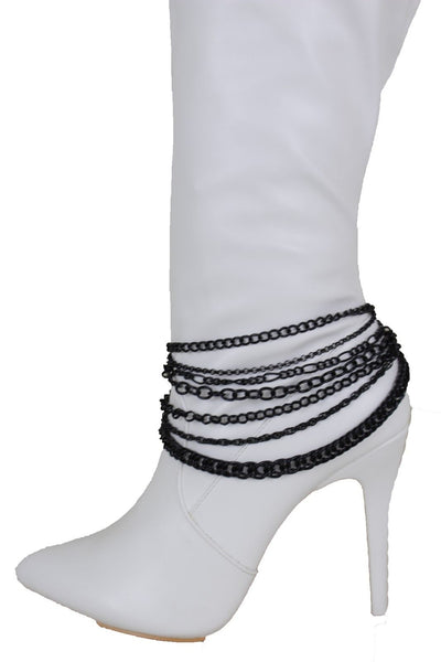 New Women Black Boot Chain Links Shoe Charm Multi Strands Waves Strap Western Style