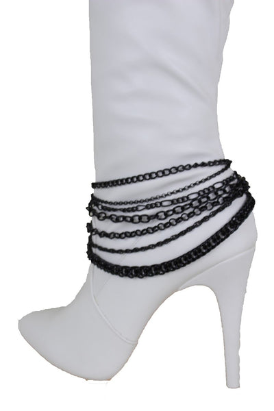 New Women Black Boot Chain Links Shoe Charm Multi Strands Waves Strap Western Style