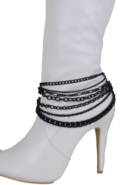 New Women Black Boot Chain Links Shoe Charm Multi Strands Waves Strap Western Style
