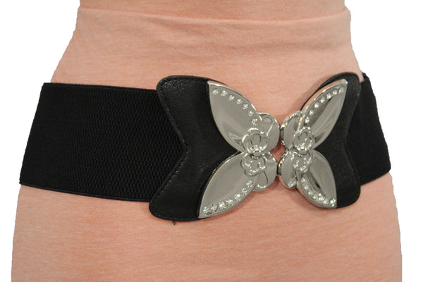 Black Faux Leather Stretch Back Elastic Hip High Waist Wide Belt Silver Big Flower Buckle New Women Fashion Accessories S M - alwaystyle4you - 11