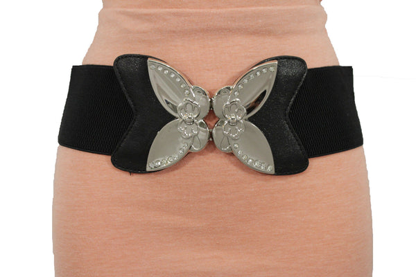 Black Faux Leather Stretch Back Elastic Hip High Waist Wide Belt Silver Big Flower Buckle New Women Fashion Accessories S M - alwaystyle4you - 1