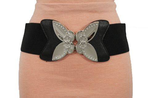 Black Faux Leather Stretch Back Elastic Hip High Waist Wide Belt Silver Big Flower Buckle New Women Fashion Accessories S M - alwaystyle4you - 1