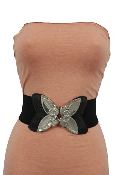Black Faux Leather Stretch Back Elastic Hip High Waist Wide Belt Silver Big Flower Buckle New Women Fashion Accessories S M - alwaystyle4you - 12