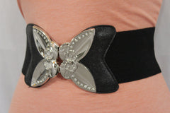 Black Faux Leather Stretch Back Elastic Hip High Waist Wide Belt Silver Big Flower Buckle New Women Fashion Accessories S M - alwaystyle4you - 3
